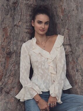Zara Cream Ruffled V-Neck Blouse